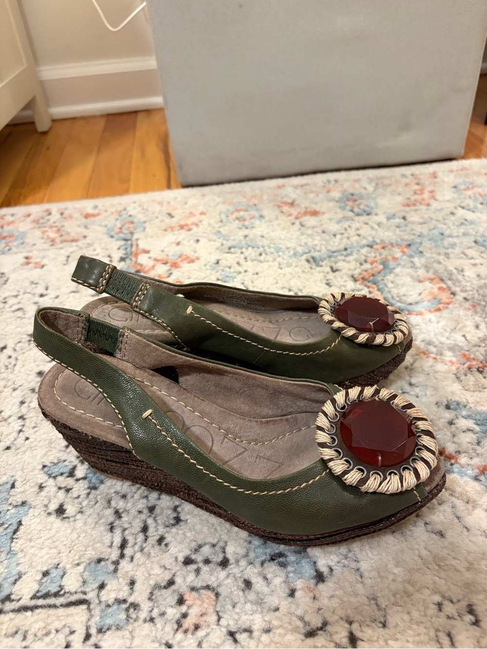 Apepazza Olive Green Slingback Wedge Sandals with Large Red Gem Accent